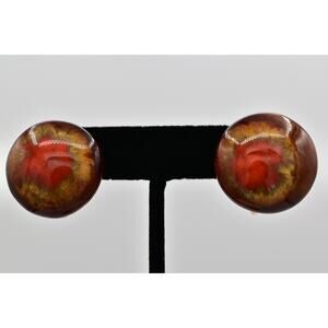 Vintage Clip On Earrings Glass Cabochon Red Brown Tie Die Round Chunky 80s BinBB